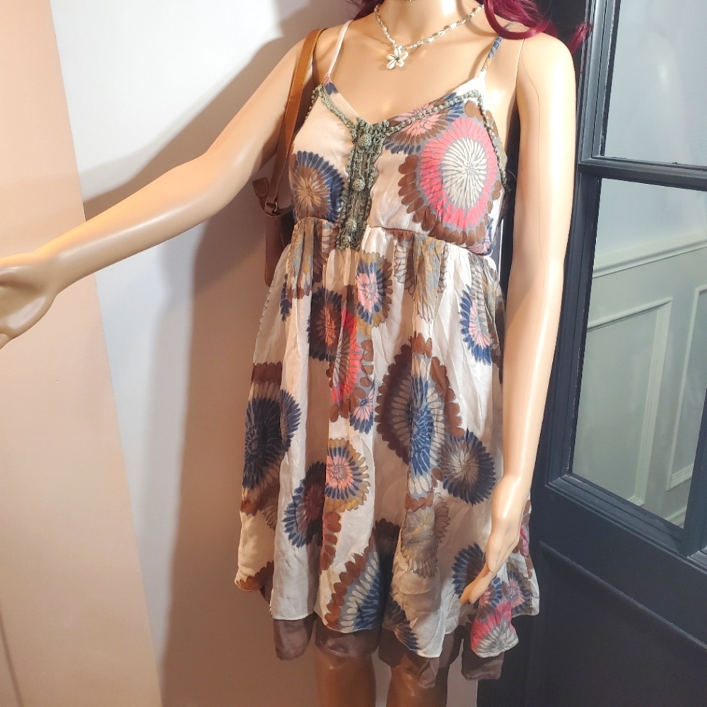 A'Reve Neutral Floral Midi Dress with Blue, Pink & Brown Accents